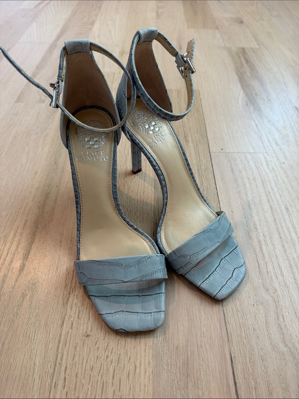 Vince Camuto Pale Blue Croc-Embossed Ankle-Strap Heels
